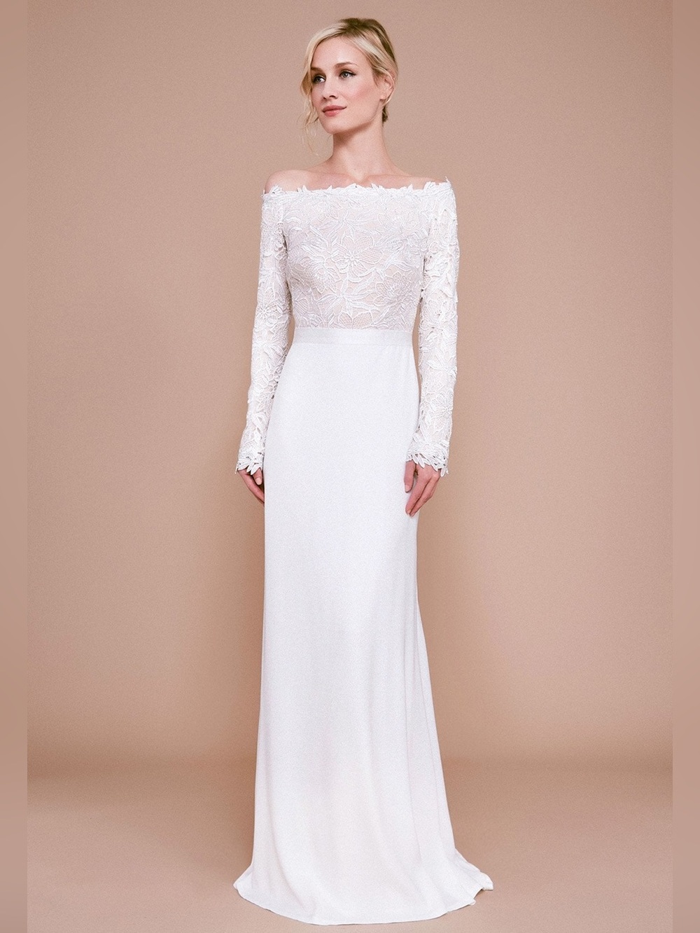 NWT Tadashi Shoji Size 6 Ivory & Petal Kizer Off-The-Shoulder Lace Crepe Gown